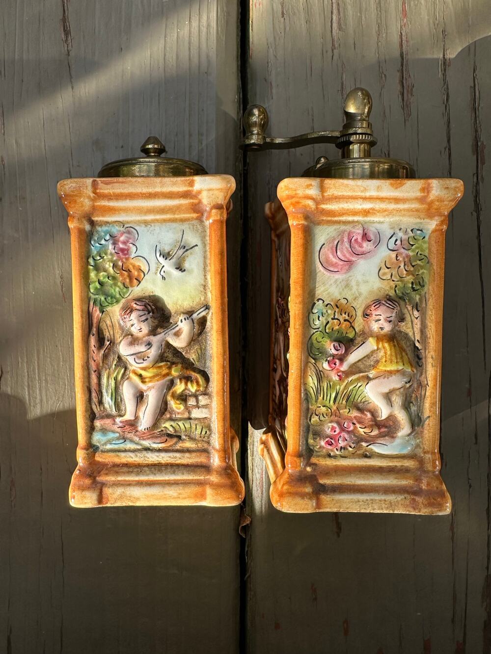 Vintage CAPODIMONTE Painted Italian Ceramic 5" Salt Shaker & Pepper Mill Cherubs